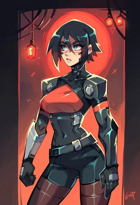 score_9,score_8_up,score_7_up,score_6_up, Gerph_style, 1 girl, solo,  dark environment, red lights, 
 elster, cyborg, black hair, blue eyes,  looking away, hair between eyes, standing,