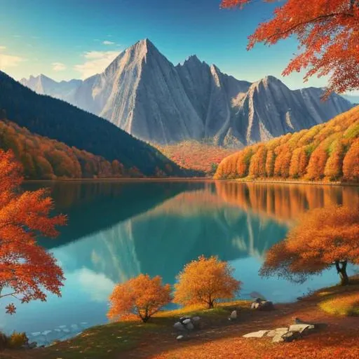 Nature, autumn leaves, lake, mountains, highly detailed, high quality