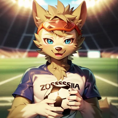 male furry anthro zabivaka, brown fur, (best quality, masterpiece:1), portrait, goggles on head, multicolor shirt, text on shirt, holding ball, holding soccer ball, smile, open mouth, (sports field background:1.1), looking at viewer, vivid colors, <lora:za...