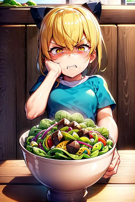 <lora:LookingDisgusted_V1:0.9>, ((looking disgusted)), disgust, single tear, wide shot,  1girl, solo, child, pov across table, table, sitting, denial gesture, holding green pepper, (((pushing away salad bowl on table))), dog ears, animal ears, smock, looki...