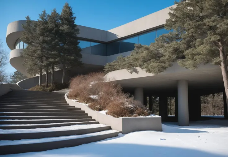 score_9, score_8_up, score_7_up, score_6_up, photo bokeh, outdoors, shadow, scenery, modern sculptural concrete stairs, curved architecture, sci-fi brutalist concrete building, plants, oak trees, pine trees, winter, snow, blue sky, vivid colors, 