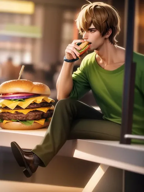 1boy, Shaggy, a man with green shirt, brown pants, black shoes, eating burger, restaurant background,  <lora:Shaggy-000010:0.5> , (masterpiece:1.4),(best quality:1.4),(shiny skin),realistic