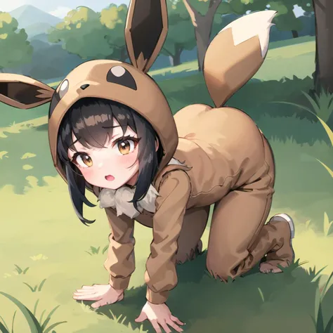 <lora:pokemonPokekid_v20:0.7>(Pokekid:1.1), (masterpiece, best quality, 1girl, solo:1.05), brown onesie, hood, tail, all fours, outdoors, grass field,