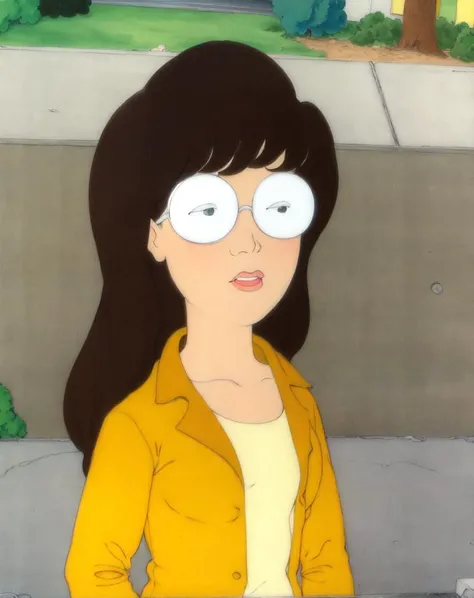 <lora:b34v1sh34d:1> daria, 1girl, solo, upper body, yellow jacket, white shirt, outdoors, brown hair, glasses, retro artstyle, 1990s_(style), 1girl, traditional media, upper body, beavis and butt-head style, <lora:daria_dataset:.9>