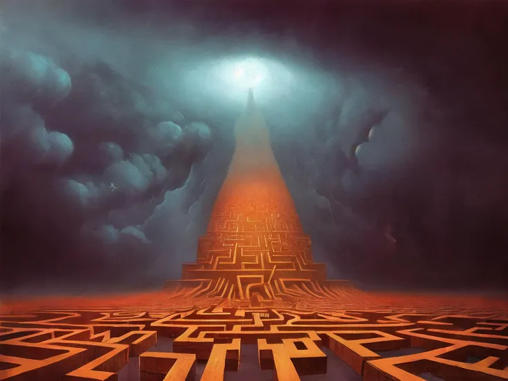 a masterpiece painting of a gigantic maze in the clouds, observed by the Eye of God in the style of Beksinski,Escher,Giger,dry brush strokes,surrealism dramatic, elegant, highly detailed,8k, digital painting, trending on artstation, dark atmosphere, perspe...
