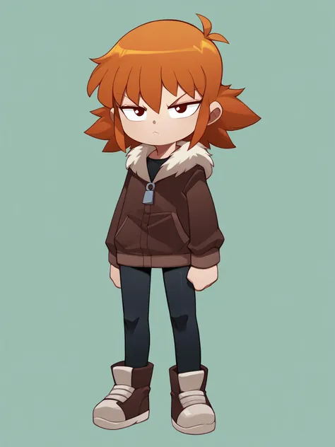 a cartoon girl with a brown jacket and black pants