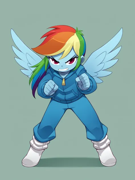 a cartoon rainbow dash with a blue jacket and white boots