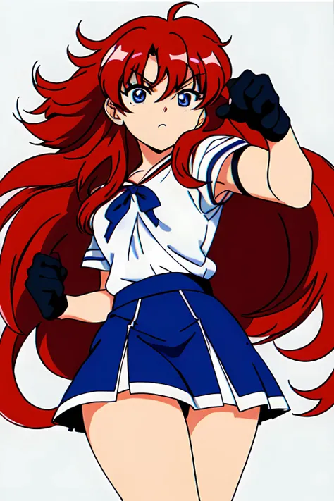 1980s (style), high res, 1girl, 27 y.o, long fluffy hair, A-Ko, red puffy hair, large blue eyes, small breasts, small pupils, white schoolgirl shirt, (long blue skirt:1.0), dark bracers, drawn by (masamune shirow:1.0), 8K, HD, Masterpiece, sharp, neutral g...