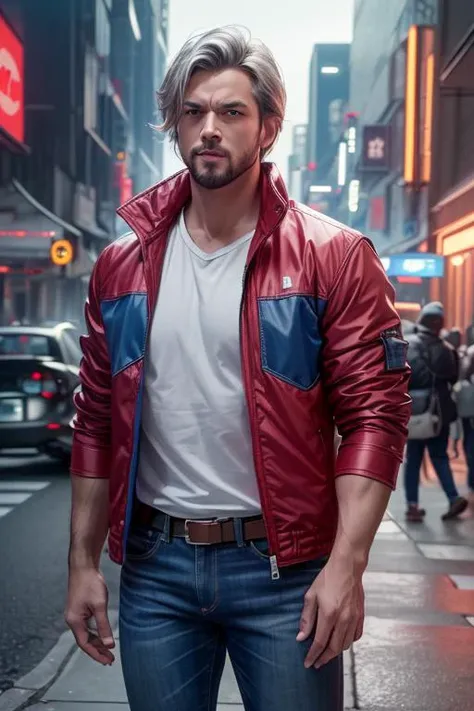 a man in a red jacket and jeans standing on a city street