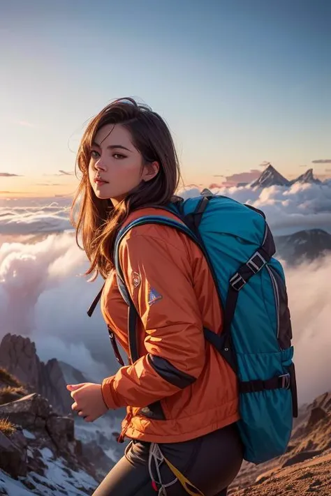 Best quality, masterpiece, ultra high res, girl, beautiful, (photorealistic:1.4), raw photo, looking away, messy hair, dynamic angle, (magnificent view), (Girl Climbs Mountain Wearing Hiking Gear and Backpack:1.4), mountain jacket, climbers hat, trekking, ...