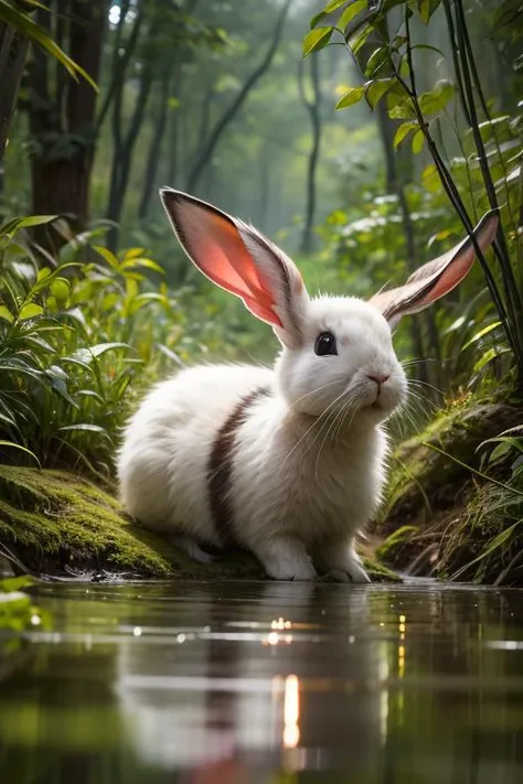 there is a white rabbit with brown ears sitting in the water