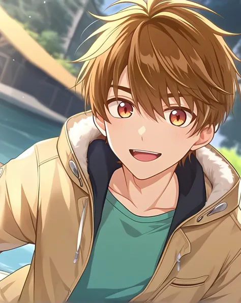 anime boy with brown hair and green shirt and brown jacket