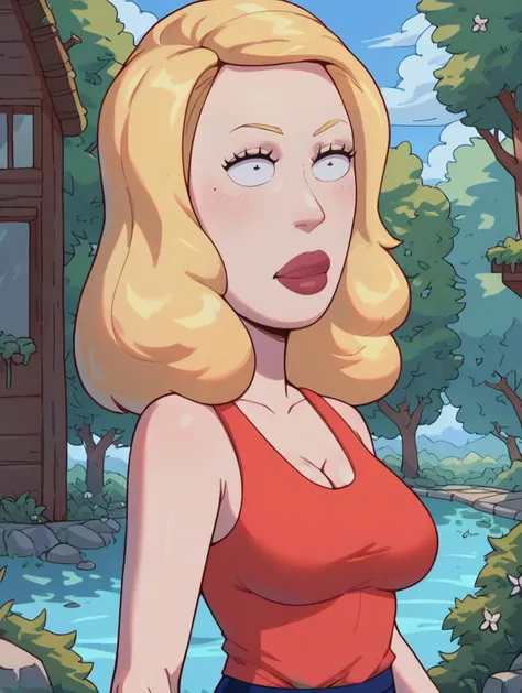 a cartoon woman in a red top and blue skirt standing in front of a house