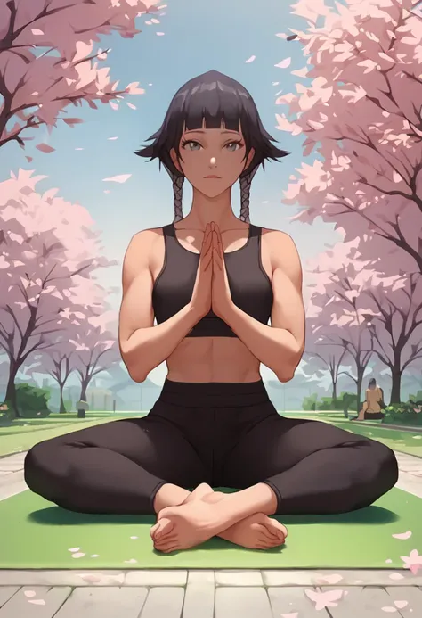 a woman sitting in a yoga pose in a park with cherry trees