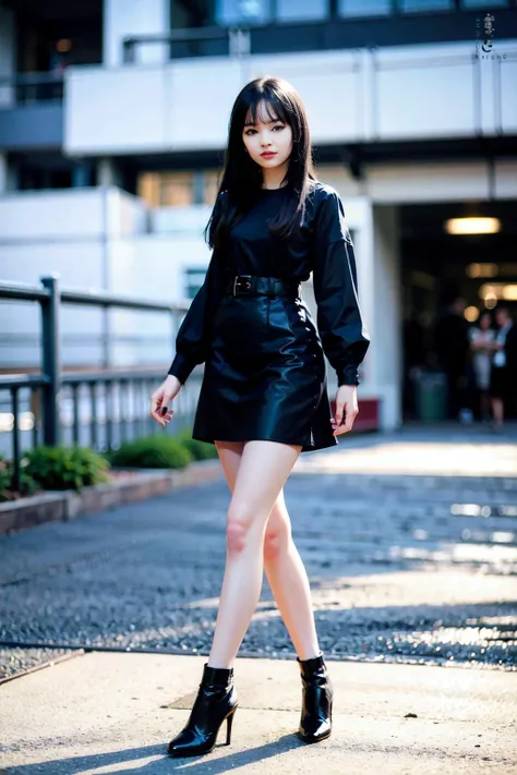 4k, photo, realistic,best quality,1girl,woman, (full body:1.2), photo (medium), women,solo, black hair, lips, looking at viewer, blurry, black eyes, depth of field, long hair, high heels, bare legs, black dress, <lora:suzu_v11_w0.6to0.75:0.6>