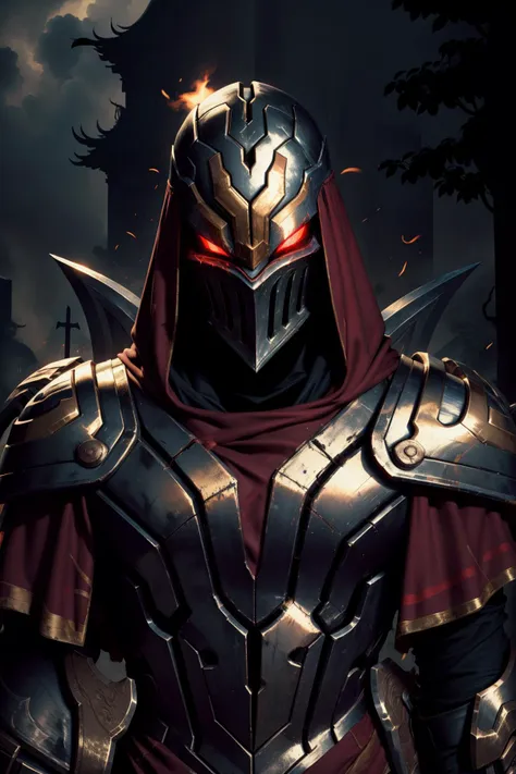 a close up of a person in armor with a red hood