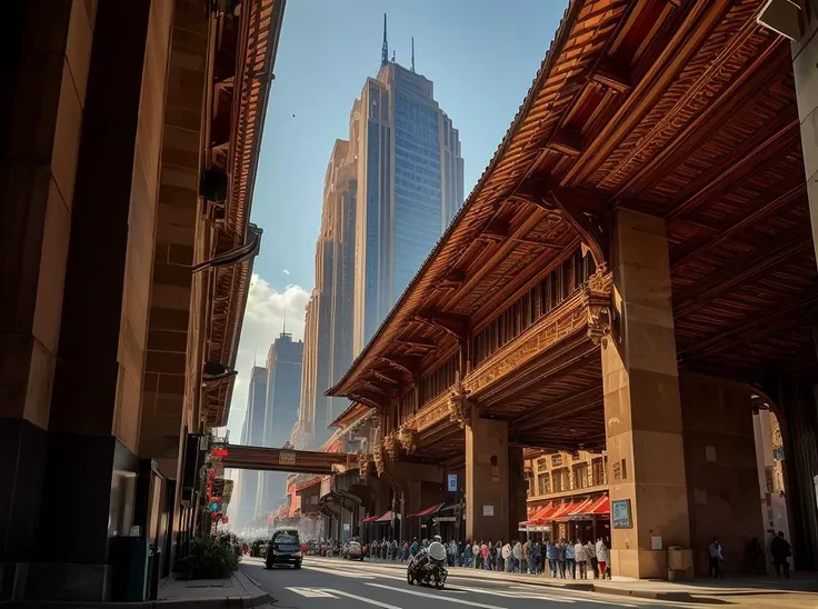 araffes walking under a bridge in a city with tall buildings