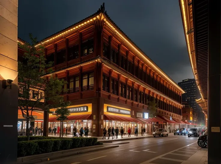 nighttime view of a city street with a building and a lot of people