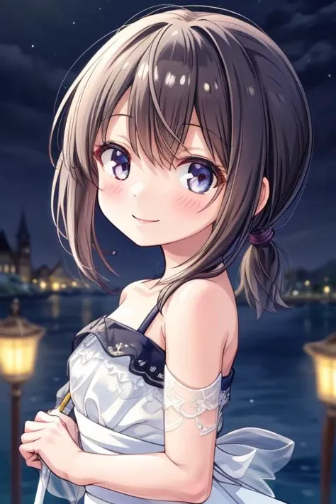 ultra-detailed,masterpiece,best quality,girl, petite,shiny eyes,from front,close up,facing viewer,town,night,smile,<lora:add_detail:1>   <lora:fubuki:0.7>fubukidressKC,dress, white dress, black low ponytail