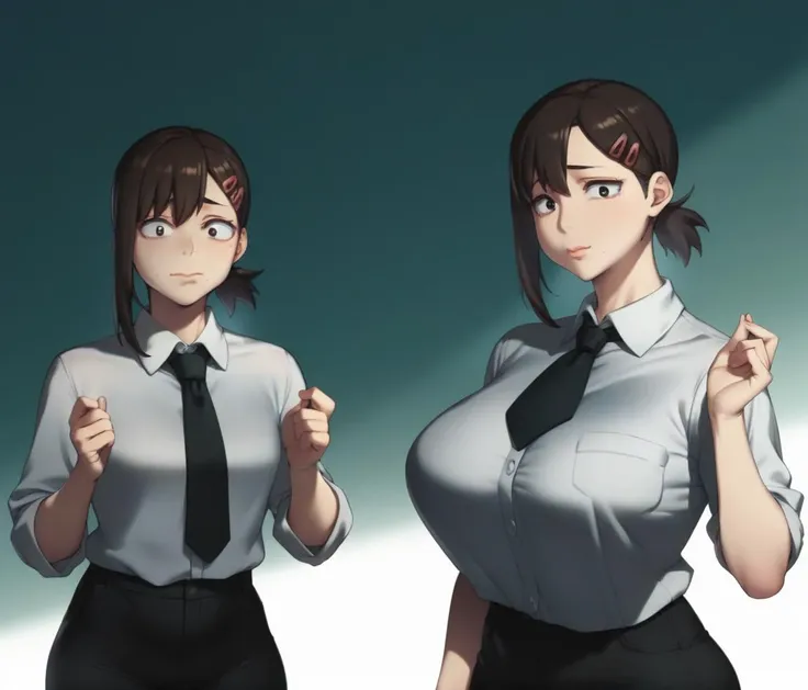 anime characters of a woman in a shirt and tie posing for a picture