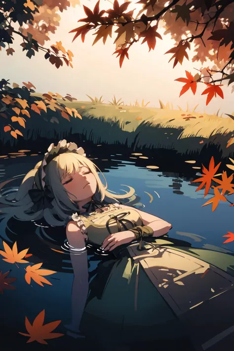 a girl laying on a rock in the water surrounded by leaves