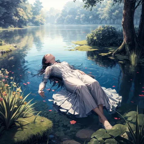 arafed woman laying on a rock in a pond of water