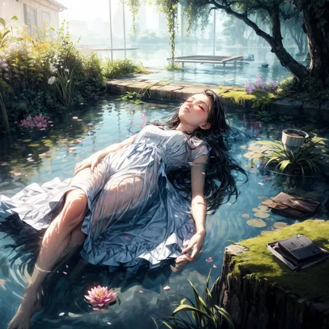 painting of a woman laying on a rock in a pond