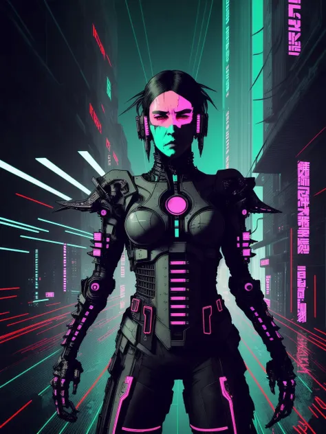 a woman in a futuristic suit standing in front of a neon city