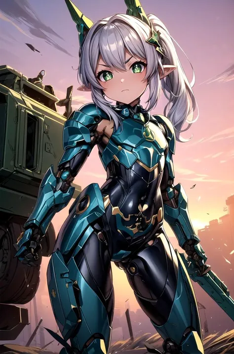 (masterpiece, best quality, detailed), 1girl, solo, looking at viewer, silver hair, side ponytail, green eyes, cross-shaped pupils, pointy ears, hair ornament, flat chest,
<lora:mecha_offset:1>, mecha musume,mechanical parts, robot joints,single mechanical...