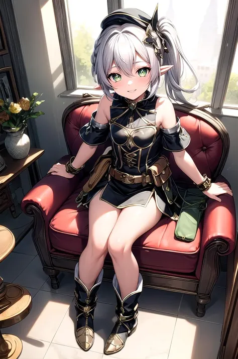 (masterpiece, best quality, detailed), 1girl, solo, looking at viewer, silver hair, side ponytail, green eyes, cross-shaped pupils, pointy ears, hair ornament, flat chest,
bag, belt pouch, cabbie hat, corset, gloves, pouch, shoulder bag, boots, suspenders,...