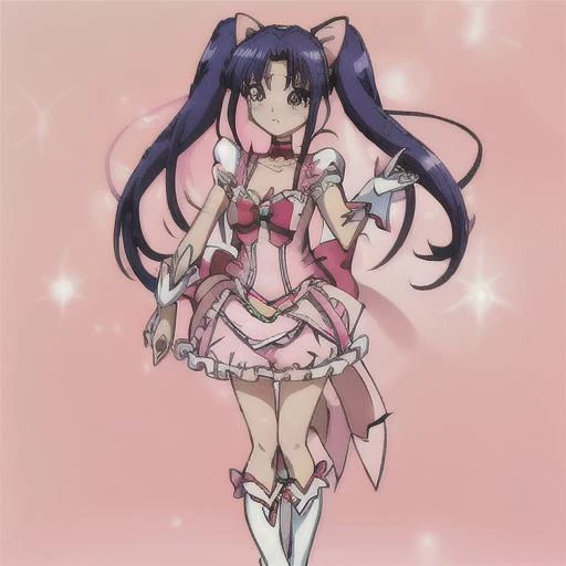 <lora:Salia_Crossange-10:1>masterpeace,best quality,Salia_Crossange, 1girl, solo,bow, cleavage, twintails, brown eyes, medium breasts, blue hair, hair bow, frills, choker, red bow, cosplay, magical girl, white footwear, knee boots, pink bow, pink dress, pi...