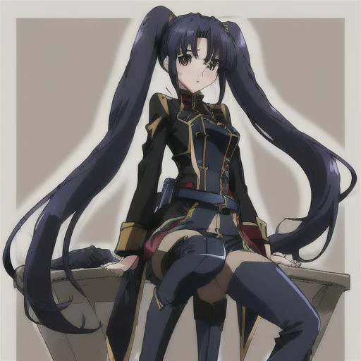 <lora:Salia_Crossange-10:1>masterpeace,best quality,Salia_Crossange, 1girl, solo, long hair,thighhighs, long sleeves, twintails, brown eyes, blue hair, pantyhose, boots, belt, black footwear, uniform, military uniform, thigh boots