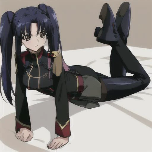 <lora:Salia_Crossange-10:1>masterpeace,best quality,Salia_Crossange, 1girl, solo, long hair,thighhighs, long sleeves, twintails, brown eyes, blue hair, pantyhose, boots, belt, black footwear, uniform, military uniform, thigh boots,lie on ones stomach