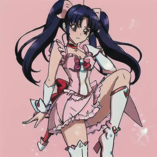 Set 4: <lora:Salia_Crossange-10:1>masterpeace,best quality,Salia_Crossange, 1girl, solo,bow, cleavage, twintails, brown eyes, medium breasts, blue hair, hair bow, frills, choker, red bow, cosplay, magical girl, white footwear, knee boots, pink bow, pink dr...