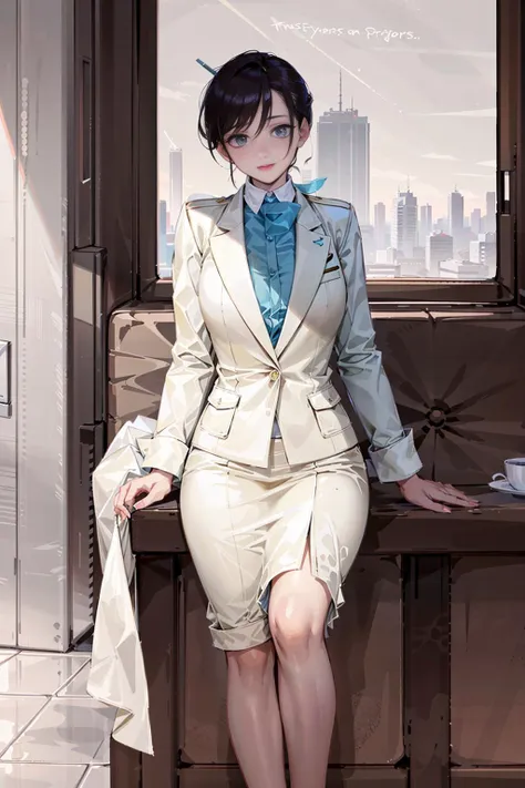 anime girl in a suit sitting on a bench in a room