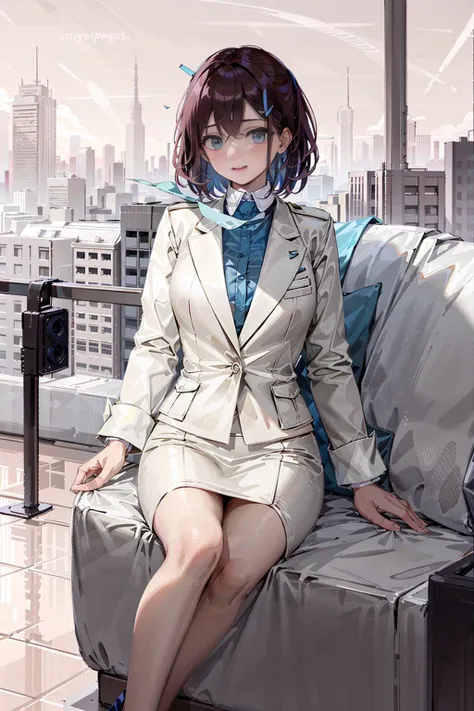 anime girl sitting on a couch in a city setting