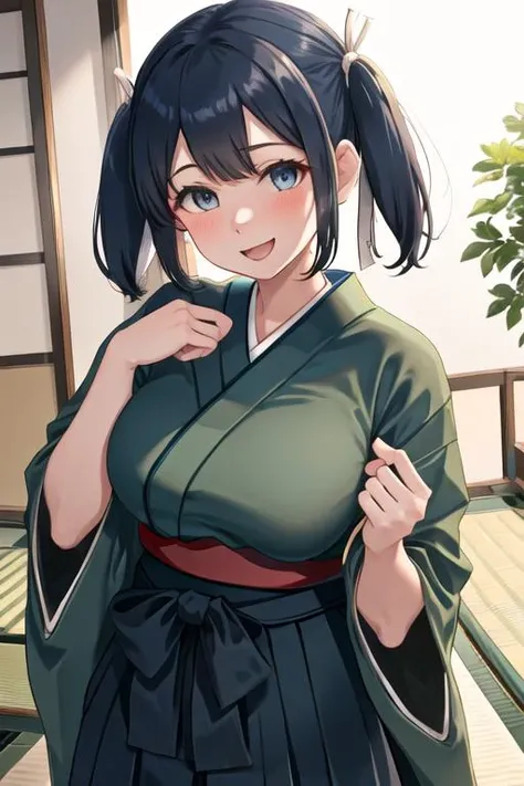 best quality, masterpiece, highres, solo, {souryuu_kantaicollection:1.15}, blue_hair, twintails, ribbon, blue_eyes, hair_ribbon, breasts, blush, large_breasts, open_mouth, smile, short_hair, 1girl, japanese_clothes, kimono, skirt, hakama, looking_at_viewer...