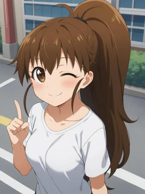 a woman with long brown hair and a white shirt is pointing at something