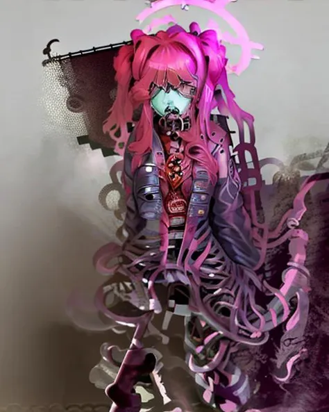 a close up of a person with a pink hair and a skeleton