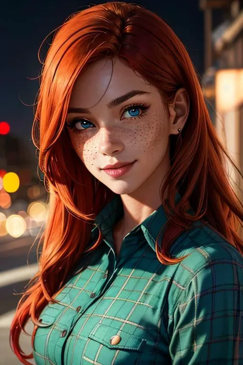 a woman with red hair and freckled shirt standing on the street