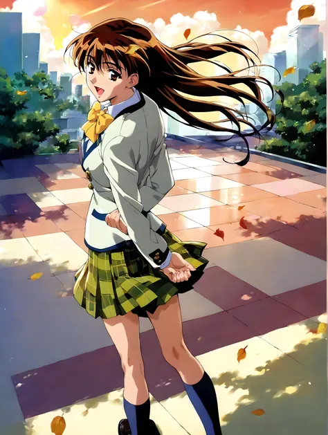 anime girl in a school uniform standing on a sidewalk