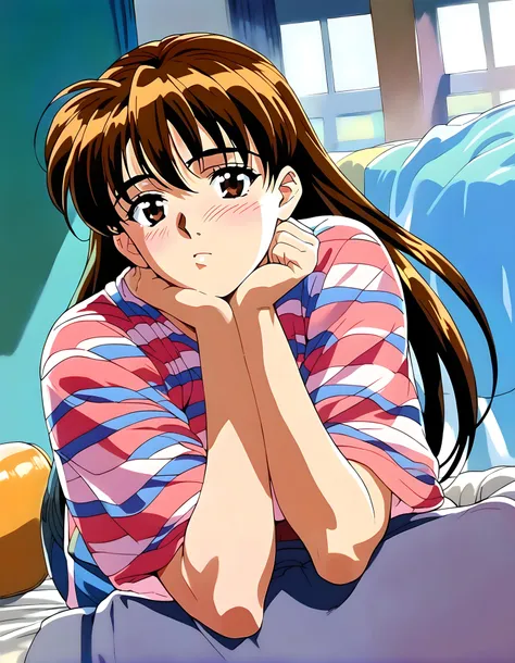 anime girl with long hair sitting on bed looking at camera