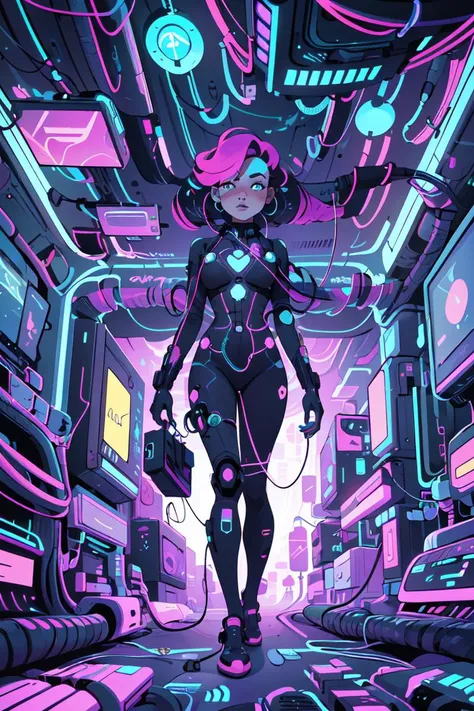 a woman in a futuristic space station with neon lights