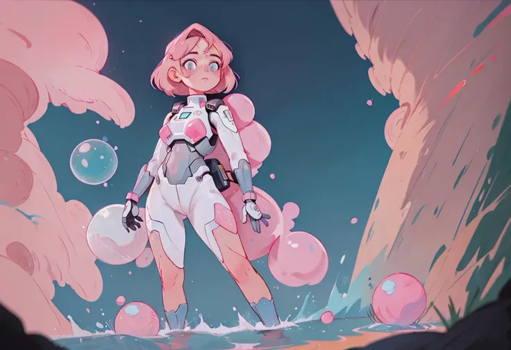 anime girl in a white outfit standing in the water with bubbles