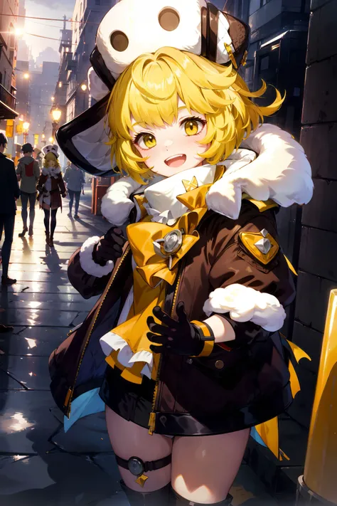 anime,official art, 1girl, (yellow hair), cowboy shot, fur hat,solo,open mouth, alley, street, smile, gloves,