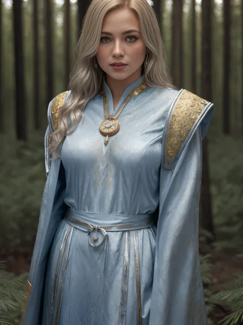 (photorealistic:1.6), (detailed face:1.1), full body, female Priestess, (blonde hair), medium breasts, round face, intricate detail (((light blue wizard robes with gold trim))), (((silver medallion with blue crystal center))), intricate patterns on clothes...