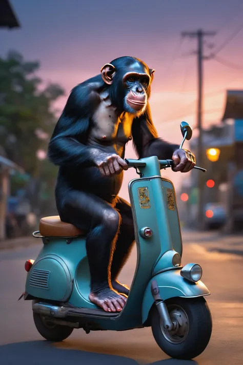 Unreal Engine, Jealous Chimpanzee wearing a Scooter Tattoo, at Blue hour, Ultra Real, Relieving, soft light, Circular polarizer, Alabaster neon hue, art by Fenghua Zhong,art by Frederick McCubbin