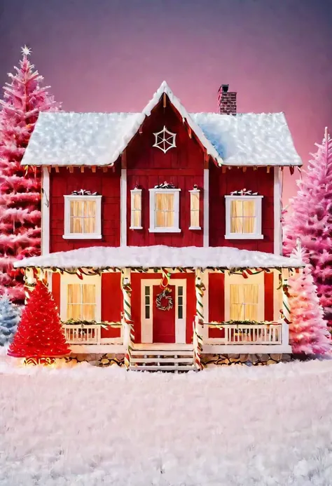 a wooden country house decorated with Christmas decorations and a decorated Christmas tree next to it, white and red color, digital art style, hight quality,detailed, colorful aura, brightly