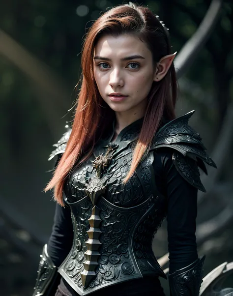 (photorealistic:1.4) (sharp focus:1), close shot, raw fantasy photo of 25 year old woman as a wild elf, long hair, (pointed ears:1.3), (dark night:1.5), (in thematic fantasy forest background), wearing (intricate dragon engraved:1.6) (dragon bone armor:1.6...