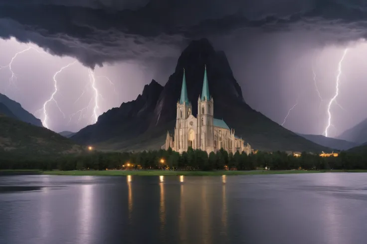 photograph of a massive cathedral at the foot of a mighty mountain, lake in the foreground, raging thunderstorm, lightning flashing in the sky